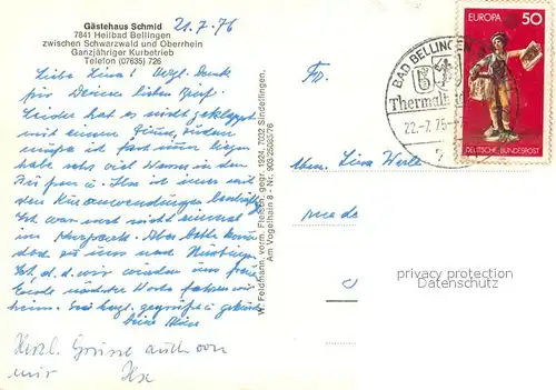 AK / Ansichtskarte Bad_Bellingen Gaestehaus Schmid Pool Brunnen Gastraum Kirche Bad_Bellingen