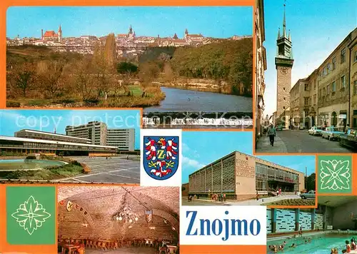 AK / Ansichtskarte Znojmo Celkovy pohled Nemocnice Ceskoslovensko sevetskeho platelstvi Interier vinarny Jana Lucemburskeho Obrokova ulice v pozadi radnicni vez Mestske lazne Interier lazni Znojmo