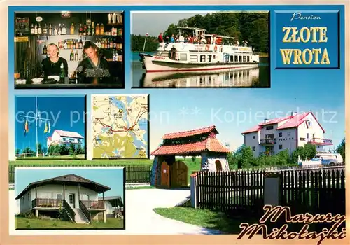 AK / Ansichtskarte Mikolajki Pension Zlote Wrota Gaststube Fahrgastschiff Mikolajki