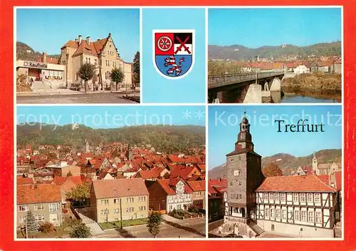 AK / Ansichtskarte Treffurt_Werra Kaufhalle Polytechnische Oberschule Werrabruecke uebersicht Rathaus Wappen Treffurt Werra