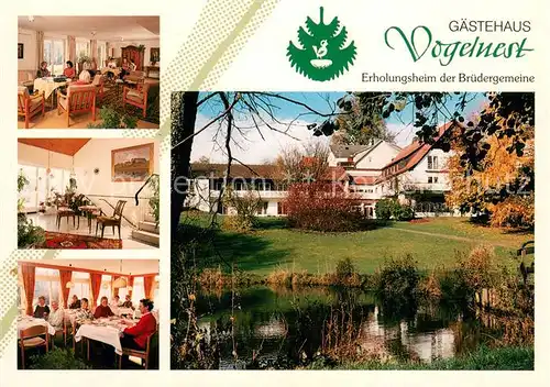 AK / Ansichtskarte Koenigsfeld_Schwarzwald Gaestehaus Vogelnest Gastraum Park Teich Koenigsfeld Schwarzwald