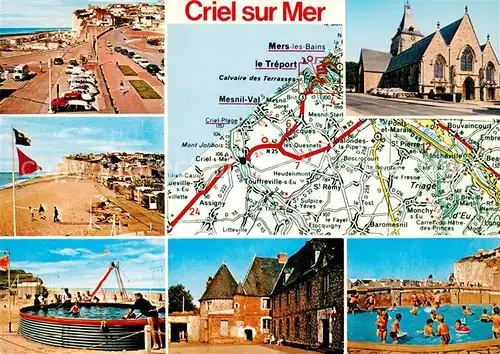 AK / Ansichtskarte Criel sur Mer Teilansichten Strand Swimming Pool Kirche Michelin Strassenkarte Criel sur Mer