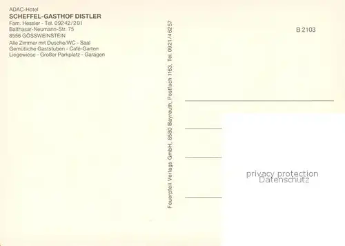 AK / Ansichtskarte Goessweinstein Scheffel Gasthof Distler ADAC Hotel Portrait Goessweinstein