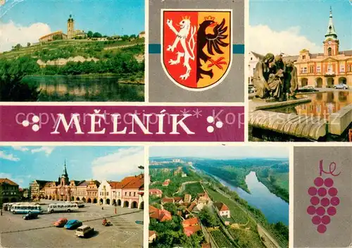 AK / Ansichtskarte Melnik_Tschechien Burg Moldau Brunnen Platz Innenstadt Moldautal Wappen Melnik Tschechien