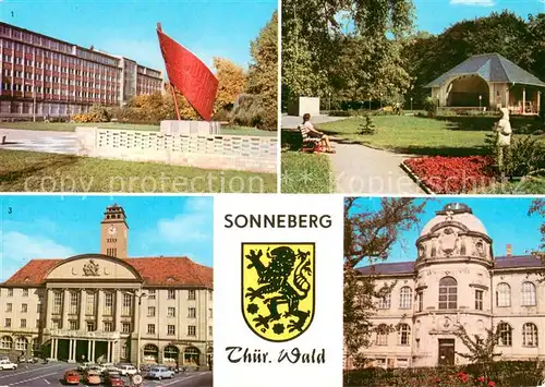 AK / Ansichtskarte Sonneberg_Thueringen Ehrenmal Karl Marx Strasse Stadtpark Rathaus Spielzeugmuseum Wappen Sonneberg Thueringen