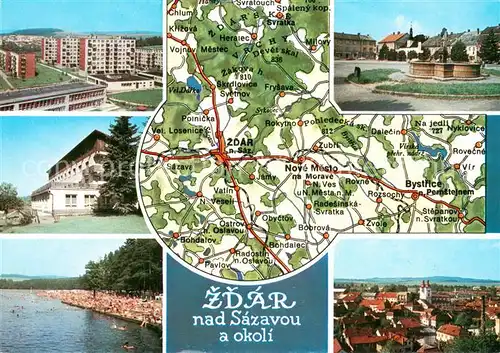 AK / Ansichtskarte Zdar_nad_Sazavou_Saar Nove Mesto na Morave Svratka Hotel Manes Velke Darko Bystrice nad Pernstejnem Strassenkarte Zdar_nad_Sazavou_Saar