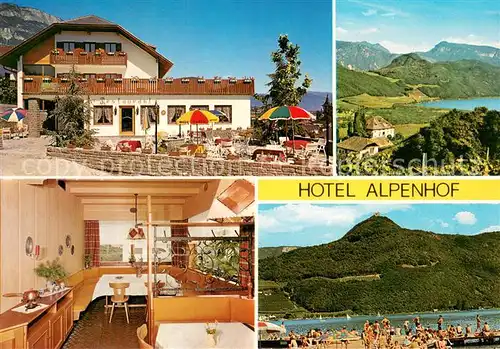 AK / Ansichtskarte Kaltern_Weinstrasse_Tirol Hotel Alpenhof Restaurant Badestrand Landschaftspanorama See Alpen Kaltern_Weinstrasse_Tirol