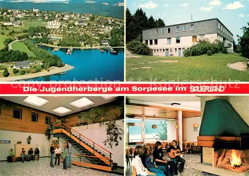 AK / Ansichtskarte Sorpesee_Sauerland Jugendherberge Halle Kamin Fliegeraufnahme Sorpesee_Sauerland