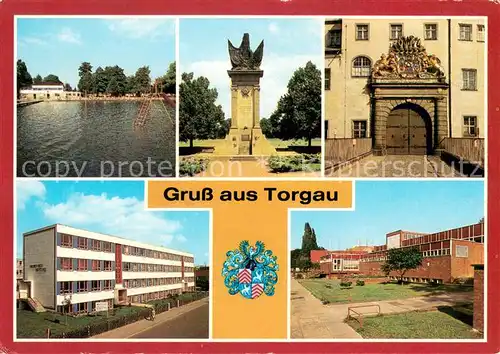 AK / Ansichtskarte Torgau Strandbad Denkmal der Begegnung Schloss Hartenfels Friedrich Wolf Oberschule Volksschwimmbad Torgau