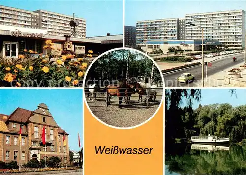 AK / Ansichtskarte Weisswasser_Oberlausitz Wohnkomplex am Wasserturm Kaufhaus Tiergarten Rathaus Jahnteich Schiffsbar Weisswasser_Oberlausitz