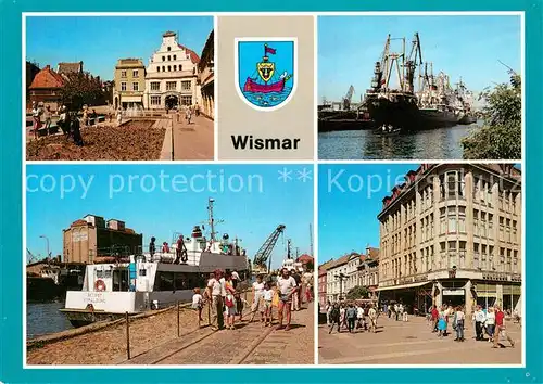 AK / Ansichtskarte Wismar_Mecklenburg Kraemerstrasse Loewenapotheke Frachter am Holzkai Anlegestelle Weisse Flote Stadthafen Luebsche Strasse Kaufhaus Magnet Wismar_Mecklenburg