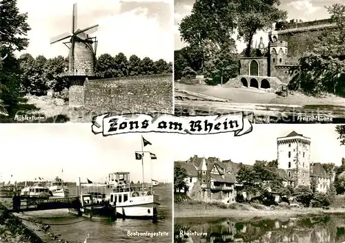 AK / Ansichtskarte Zons Muehlenturm Freilichtbuehne Bootsanlegestelle Rheinturm Zons