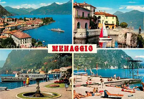AK / Ansichtskarte Menaggio_Lago_di_Como Ort am Comersee Fahrgastschiff Badestelle Alpen Menaggio_Lago_di_Como