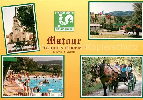 AK / Ansichtskarte Matour Accueil et Tourisme Kirche Ferienanlage Freibad Pferdekutsche Matour