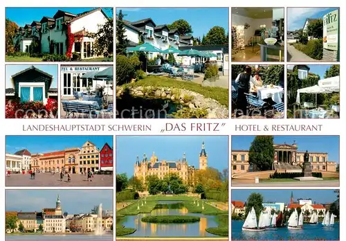 AK / Ansichtskarte Schwerin_Mecklenburg Das Fritz Hotel Restaurant Fahrschule Schloss Segelregatta  Schwerin_Mecklenburg