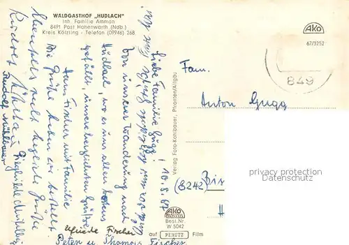 AK / Ansichtskarte Hohenwarth_Koetzting Waldgasthof Hudlach Hohenwarth Koetzting