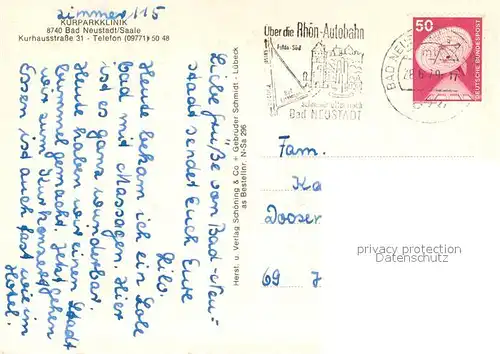 AK / Ansichtskarte Bad_Neustadt Kurparkklinik Kaminzimmer Speisesaal Hallenbad Bad_Neustadt