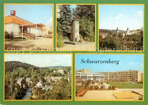 AK / Ansichtskarte Schwarzenberg_Erzgebirge Gaststaette Roter Loewe Sowjetisches Ehrenmal Schloss Stadtkirche Kindergarten Walter Ulbricht Strasse Schwarzenberg Erzgebirge