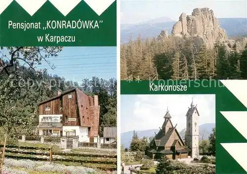 AK / Ansichtskarte Karpacz Pensjonat Konradowka Kosciol Karkonosze Landschaftspanorama Felsen Riesengebirge Karpacz
