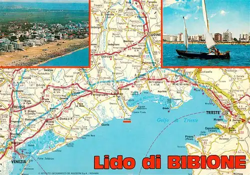 AK / Ansichtskarte Lido_di_Bibione Strassenkarte Segelboot Hotels Strand Fliegeraufnahme Lido_di_Bibione