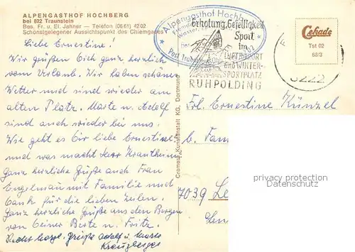 AK / Ansichtskarte Traunstein_Oberbayern Alpengasthof Hochberg mit Watzmann Hochkalter und Rauschberg Blick nach Traunstein Gastraum Traunstein_Oberbayern