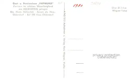 AK / Ansichtskarte Zersen Gasthaus Pension Pappmuehle Landschaftspanorama Weserbergland Zersen