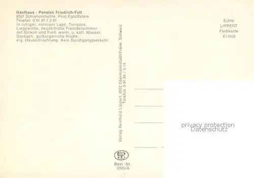 AK / Ansichtskarte Schlehenmuehle_Egloffstein Gasthof Pension Friedrich Fett Restaurant Terrasse 