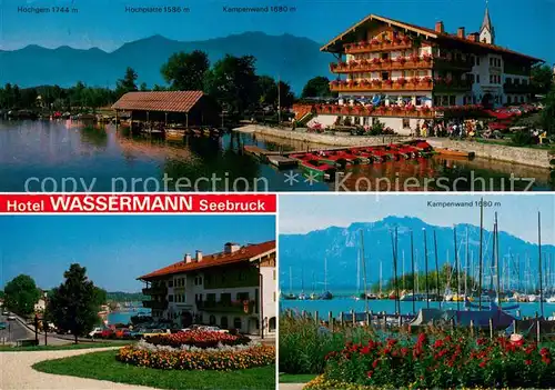 AK / Ansichtskarte Seebruck_Chiemsee Hotel Wassermann Bootssteg Bootshaus Seglerhafen Alpenblick Seebruck Chiemsee