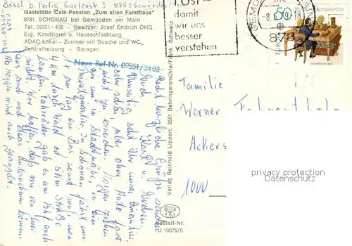 AK / Ansichtskarte Schoenau_Gemuenden Gaststaette Cafe Pension Zum alten Forsthaus Schoenau Gemuenden