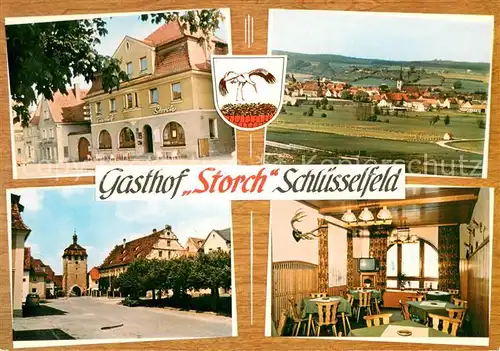AK / Ansichtskarte Schluesselfeld Gasthof Storch Zentrum Torbogen Turm Ortsansicht mit Kirche Wappen Schluesselfeld