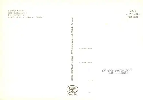 AK / Ansichtskarte Schluesselfeld Gasthof Storch Zentrum Torbogen Turm Ortsansicht mit Kirche Wappen Schluesselfeld