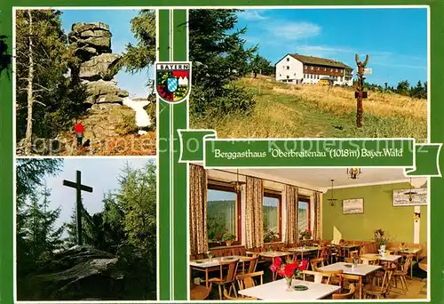 AK / Ansichtskarte Oberbreitenau_Bischofsmais Berggasthaus Oberbreitenau Felsen Kreuz Gastraum Oberbreitenau