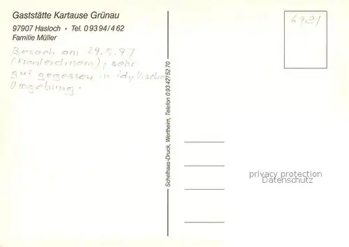 AK / Ansichtskarte Hasloch_Main Gaststaette Kartause Gruenau Hasloch Main