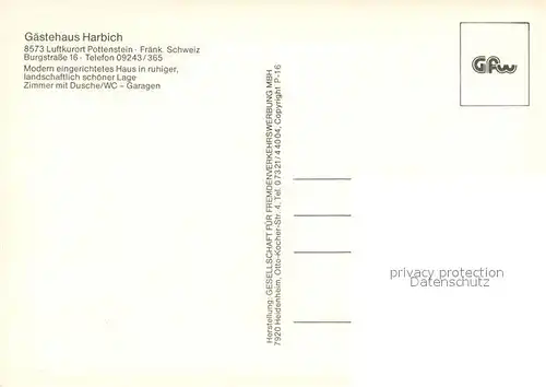 AK / Ansichtskarte Pottenstein_Oberfranken Gaestehaus Harbich Gastraum Terrasse Luftkurort Fraenkische Schweiz Pottenstein_Oberfranken