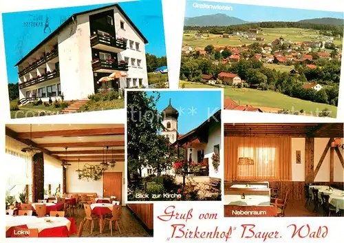 AK / Ansichtskarte Grafenwiesen Cafe Pension Birkenhof Lokal Kirche Panorama Bayerischer Wald Grafenwiesen