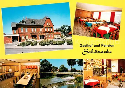 AK / Ansichtskarte Wahrenholz Gasthof Schoenecke Restaurant Kegelbahnen Partie am Fluss Wehr Wahrenholz