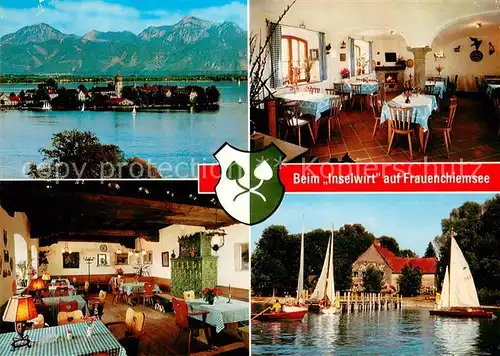 AK / Ansichtskarte Fraueninsel_Chiemsee Gasthof Inselwirt Restaurant Bootsanleger Segelboote Kloster Alpenblick Fraueninsel Chiemsee