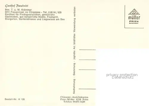 AK / Ansichtskarte Fraueninsel_Chiemsee Gasthof Inselwirt Restaurant Bootsanleger Segelboote Kloster Alpenblick Fraueninsel Chiemsee