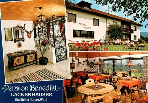 AK / Ansichtskarte Lackenhaeuser_Niederbayern Pension Benedikt Gastraum Garten Lackenhaeuser Niederbayern
