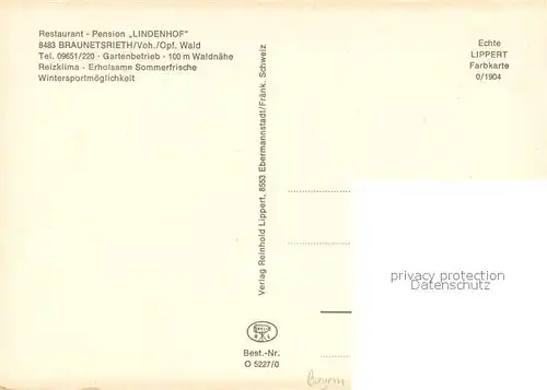 AK / Ansichtskarte Braunetsrieth Restaurant Gasthof Lindenhof Gaestezimer Ortsblick mit Platte Braunetsrieth
