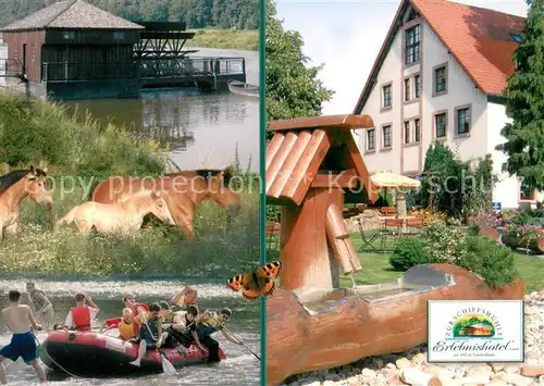 AK / Ansichtskarte Hoefgen Erlebnishotel Zur Schiffsmuehle Rafting Pferde Brunnen Hoefgen