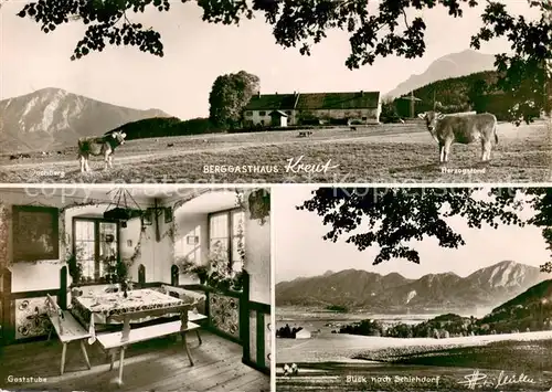 AK / Ansichtskarte Schlehdorf Berggasthaus Kreut Gaststube Panorama Blick nach Schlehdorf Bayerische Voralpen Schlehdorf