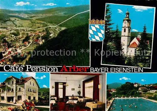 AK / Ansichtskarte Bayerisch_Eisenstein Cafe Pension Arber Fliegeraufnahme Kirche Gaststube Freibad Bayerisch_Eisenstein