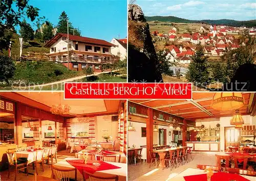 AK / Ansichtskarte Alfeld_Mittelfranken Gasthaus Berghof Gastraum Stadtpanorama Alfeld Mittelfranken