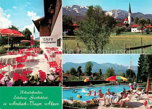 AK / Ansichtskarte Arzbach_Bad_Toelz Cafe Schusterpeter Terrasse Swimming Pool Blick zur Kirche Alpen Arzbach_Bad_Toelz