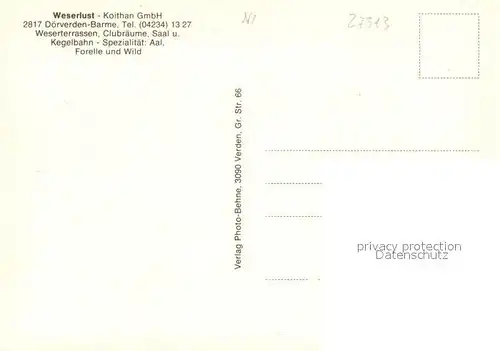 AK / Ansichtskarte Barme_Verden Weserlust Gasthaus Gastraeume Terrasse Barme Verden