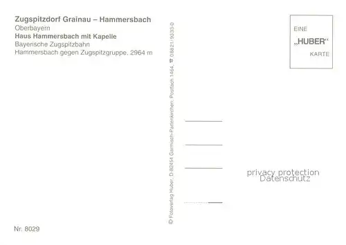 AK / Ansichtskarte Hammersbach_Grainau Gaestehaus Haus Hammersbach mit Kapelle Bayerische Zugspitzbahn Wettersteingebirge Felder Huber Karte Nr. 8029 Hammersbach Grainau