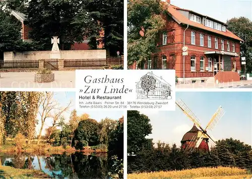 AK / Ansichtskarte Zweidorf Hotel Restaurant Gasthaus zur Linde Denkmal Windmuehle Teich Landschaft Zweidorf