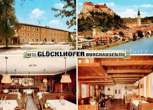 AK / Ansichtskarte Burghausen_Salzach Hotel Gasthof Gloecklhofer Restaurant Stadtpanorama mit Burg und Kirche Burghausen Salzach