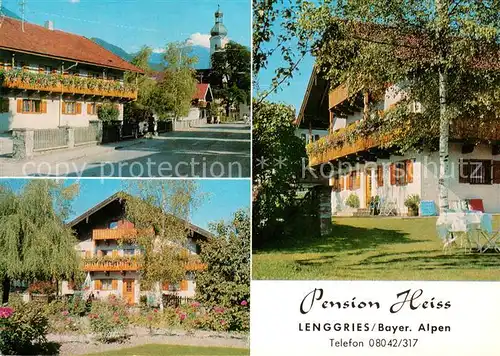 AK / Ansichtskarte Lenggries Gaestehaus Pension Heiss Ortsmotiv mit Kirche Bayerische Alpen Lenggries